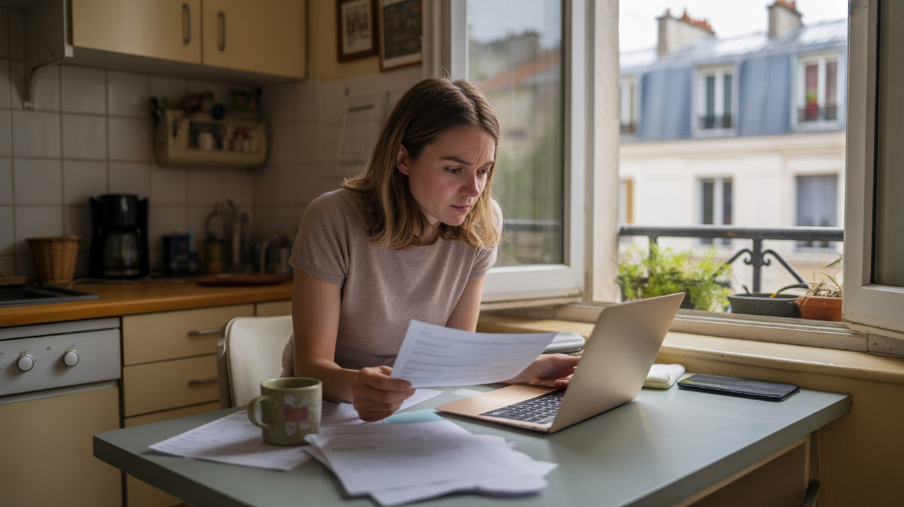 Femme préoccupée vérifiant ses finances dans son appartement, lumière naturelle du matin et ambiance réaliste du quotidien.